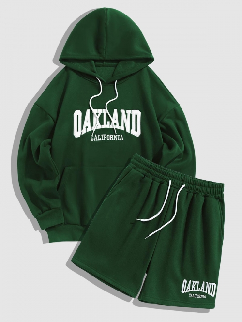 ZAFUL Men's Letter OAKLAND Embroider Fluffy Fleece-lined Hoodie and Sweat Shorts Set Outfit Deep green