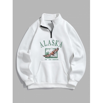 ZAFUL Men's Blokecore ALASKA Graphic Eagle Printed Quarter Zip Thermal Lined Sweatshirt M White