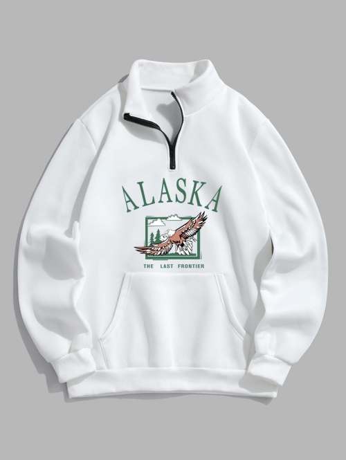 ZAFUL Men's Blokecore ALASKA Graphic Eagle Printed Quarter Zip Thermal Lined Sweatshirt M White