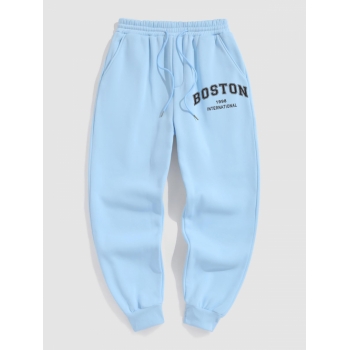 ZAFUL Men's BOSTON Letter Fleece Thermal Lined Jogger Sweatpants L Light blue