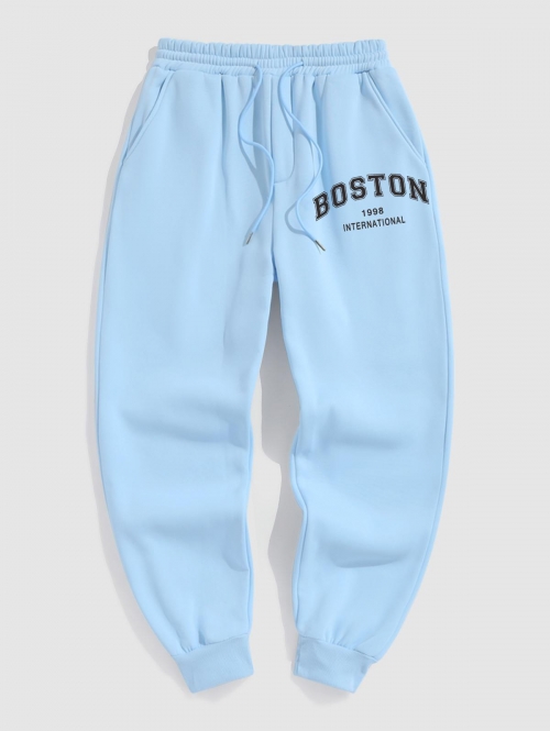 ZAFUL Men's BOSTON Letter Fleece Thermal Lined Jogger Sweatpants L Light blue