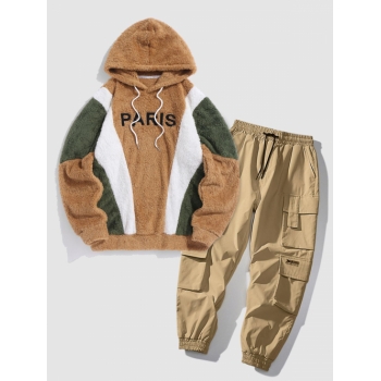 ZAFUL Men's PARIS Embroidered Fuzzy Pullover Hoodie and Cargo Jogger Techwear Pants Set Coffee