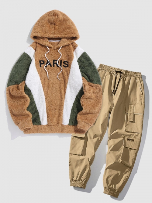 ZAFUL Men's PARIS Embroidered Fuzzy Pullover Hoodie and Cargo Jogger Techwear Pants Set Coffee