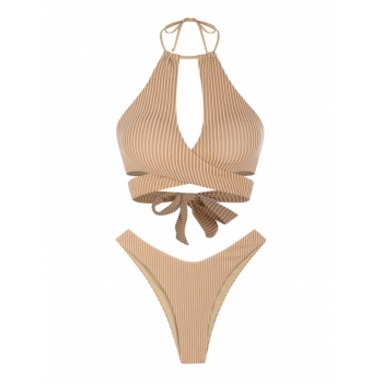 ZAFUL Wavy Stripes Halter High Leg Wrap Bikini Swimwear Coffee