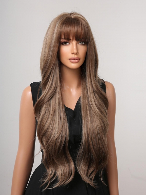 zaful See-through Bangs Brown Gradient Light Brown Long Wavy Synthetic Wig