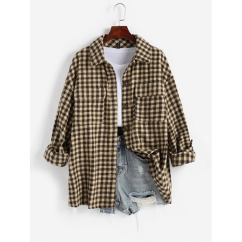 ZAFUL Front Pockets Plaid Shacket M Tan