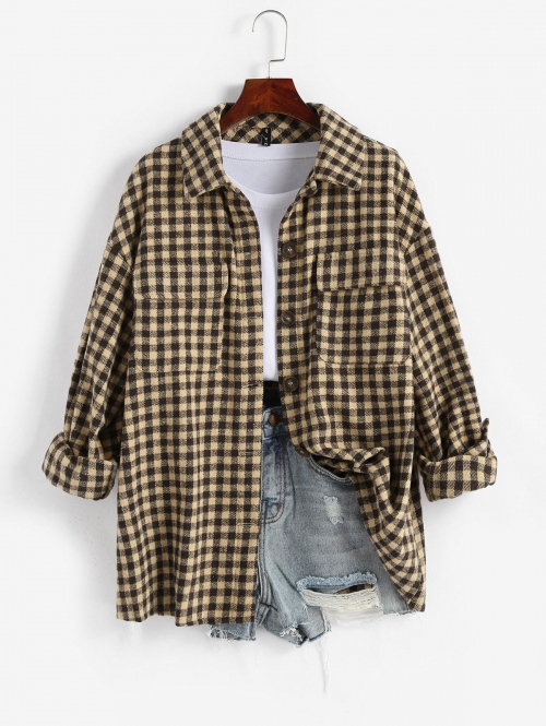 ZAFUL Front Pockets Plaid Shacket M Tan