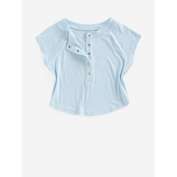 Fashion Women Tees ZAFUL Ribbed Snap Button Henley Baby Tee M Light blue