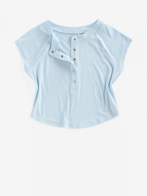 Fashion Women Tees ZAFUL Ribbed Snap Button Henley Baby Tee M Light blue