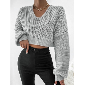 Women Chunky Knit Drop Shoulder Crop Jumper Sweater L Gray