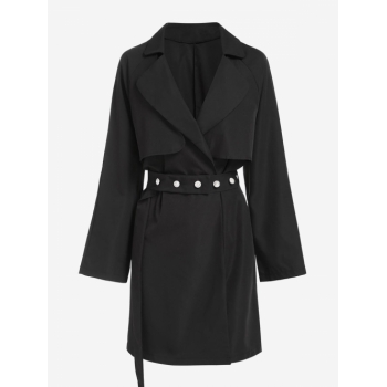 Raglan Sleeve Belted Longline Trench Coat M Black