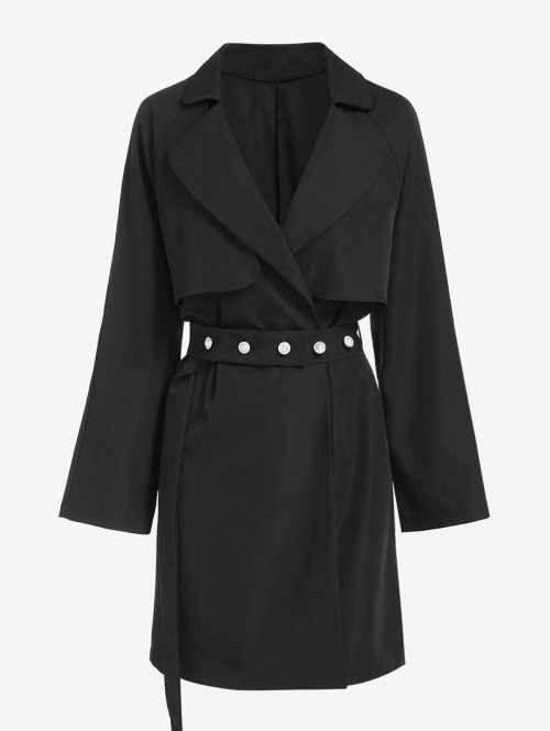 Raglan Sleeve Belted Longline Trench Coat M Black