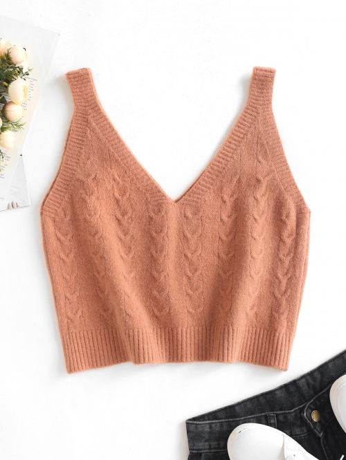 Women Tank Tops Knitted V Neck Crop Tank Top Orange