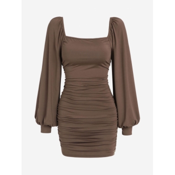 Mini Dress ZAFUL Lantern Sleeve Ruched Square Neck Bodycon Dress L Deep coffee