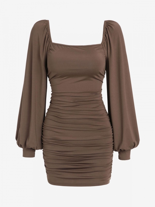 Mini Dress ZAFUL Lantern Sleeve Ruched Square Neck Bodycon Dress L Deep coffee