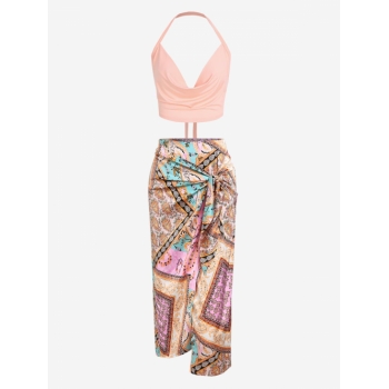 Cowl Front Halter Tie Crop Tank Top and Bandana Paisley Print Tie Sarong-style Skirt Set Light pink