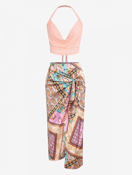 Cowl Front Halter Tie Crop Tank Top and Bandana Paisley Print Tie Sarong-style Skirt Set Light pink