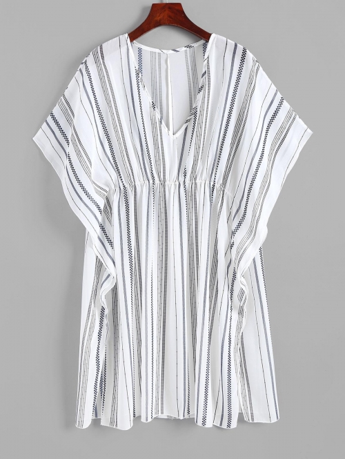 Women Beach Chiffon Side Slit Stripes Cover Up Dress White