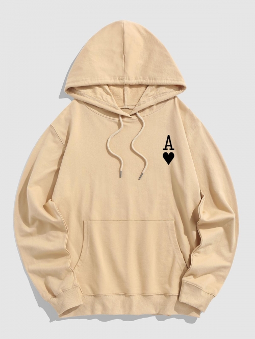 ZAFUL Men's The Ace of Hearts Playing Card Print Streetwear Pullover Hoodie L Light coffee