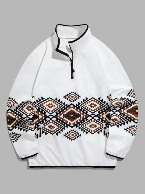 ZAFUL Men's ZAFUL Ethnic Style Geometric Tribal Print Quarter Zip Pullover Sweatshirt Xl White