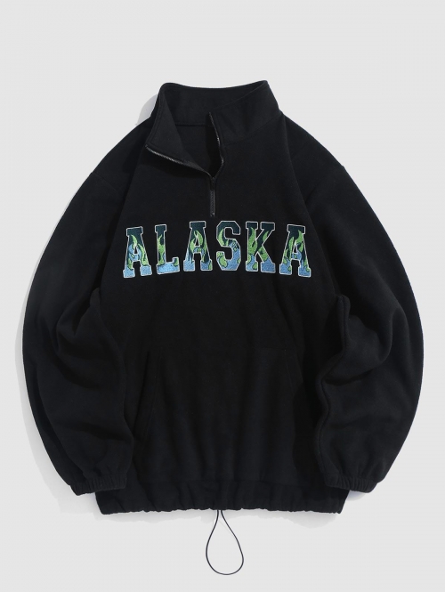 ZAFUL Men's ALASKA Embroidered Quarter Zip Polar Fleece Sweatshirt M Black