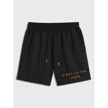 Letter C'EST LA VIE PARIS Graphic Printed Drawstring Shorts M Black