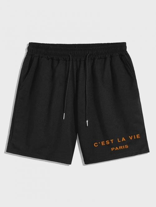 Letter C'EST LA VIE PARIS Graphic Printed Drawstring Shorts M Black