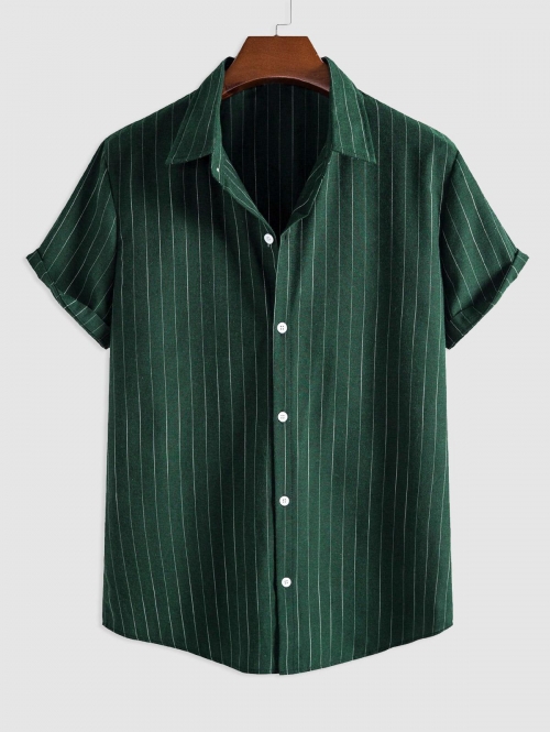 ZAFUL Men's Men's Vertical Striped Pattern Short Sleeves Button Fly Casual Summer Shirt L Green