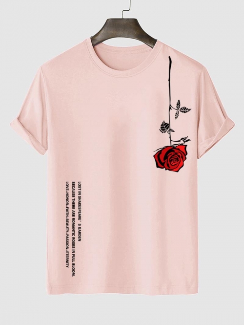 ZAFUL Men's Men's Letter Rose Graphic Printed Short Sleeve Round Neck Summer Casual T-shirt S Light pink