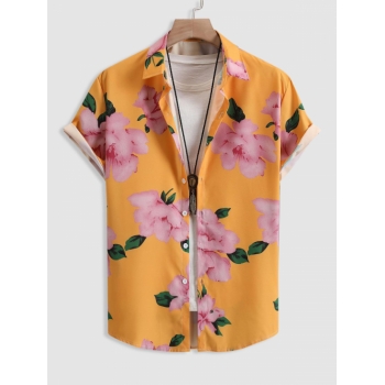 ZAFUL Men's Floral Pattern Short Sleeves Vacation Shirt L Yellow