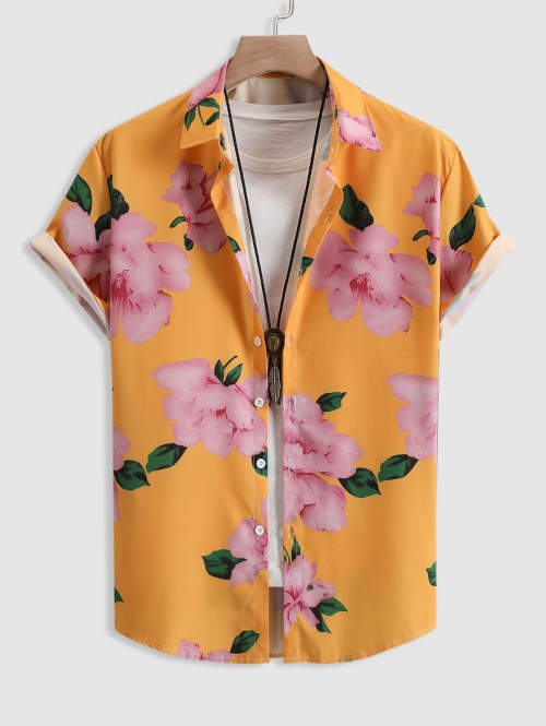 ZAFUL Men's Floral Pattern Short Sleeves Vacation Shirt L Yellow