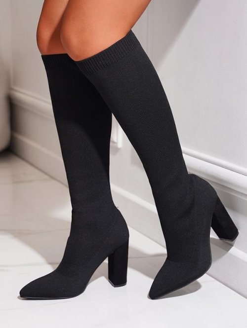 ZAFUL Women Chunky Heel Slip On Knit Knee High Stretch Knit Sock Boots