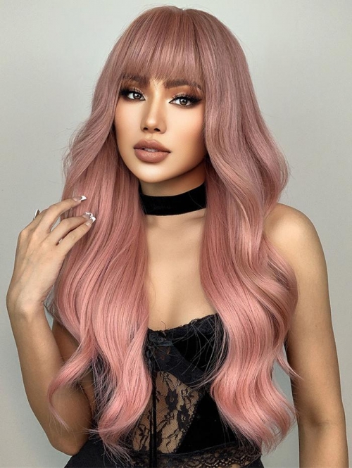 zaful See-through Bangs Long Fluffy Wavy Synthetic Pink Wig