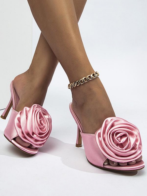 Women Satin High Heel Rosette Sandals