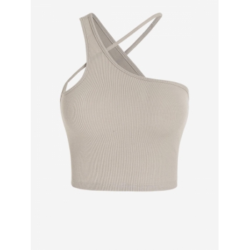 Women Tank Tops ZAFUL Ribbed Asymmetric Collar Crop Tank Top M Light coffee