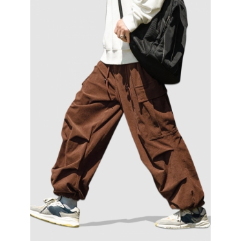 ZAFUL Men's Side Large Pocket Design Wide Leg Corduroy Pants M Coffee