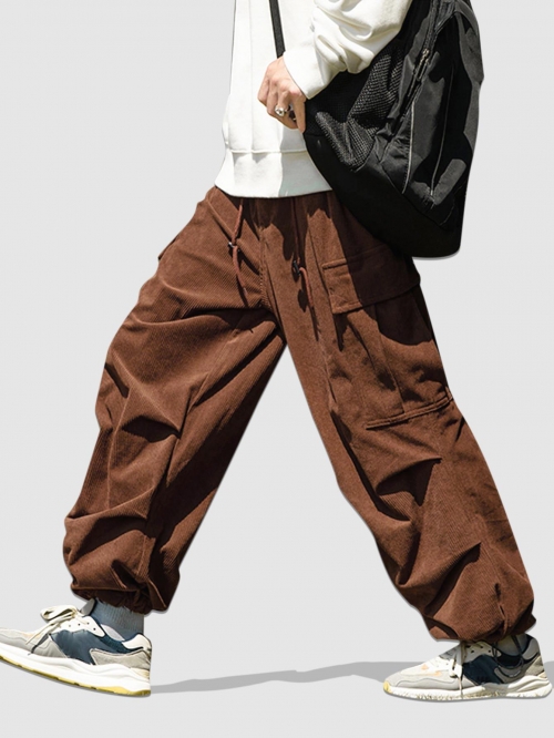 ZAFUL Men's Side Large Pocket Design Wide Leg Corduroy Pants S Coffee