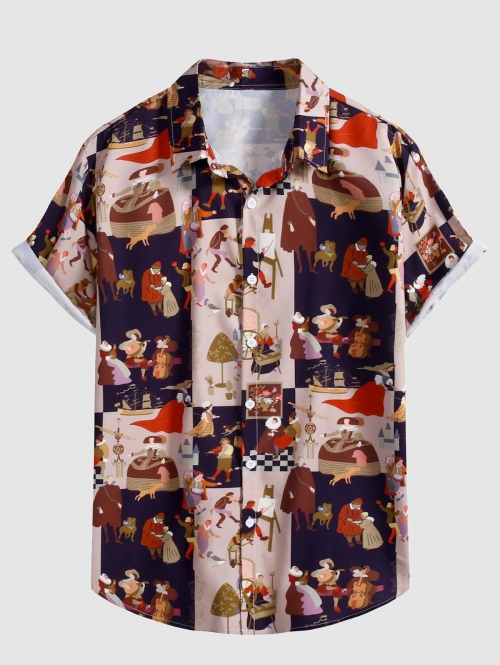 ZAFUL Men's Palace Scene Patchwork Print Short Sleeve Shirt M Brown