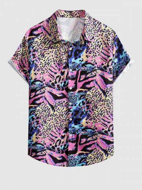 ZAFUL Men's Colorful Leopard Pattern Vacation Short Sleeves Shirt Xl Purple