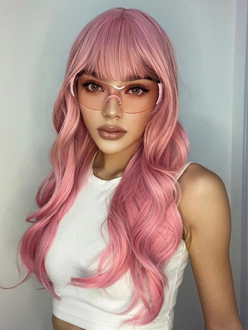 zaful Pink Long Wavy Synthetic Wig