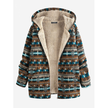 ZAFUL Ethnic Print Faux Fur Lined Hooded Zip Coat L Coffee