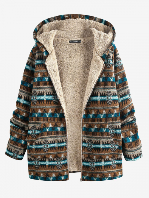 ZAFUL Ethnic Print Faux Fur Lined Hooded Zip Coat L Coffee