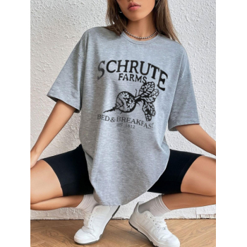 Fashion Women Tees Boyish Letter Graphic Oversized Drop Shoulder Tunic Tee S Light gray