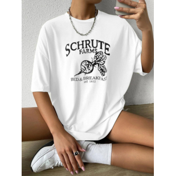 Fashion Women Tees Boyish Letter Graphic Oversized Drop Shoulder Tunic Tee M White