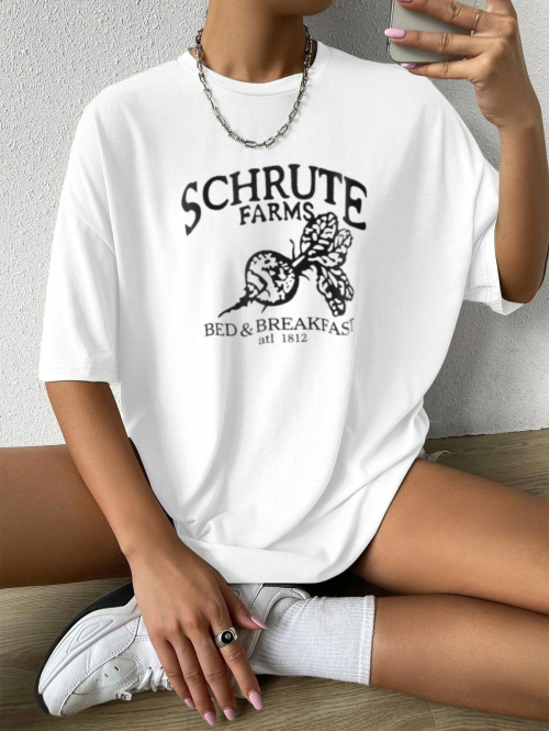 Fashion Women Tees Boyish Letter Graphic Oversized Drop Shoulder Tunic Tee M White