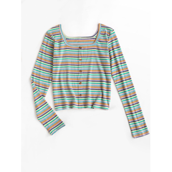 Fashion Women Tees Ribbed Colorful Striped Long Sleeve Top M