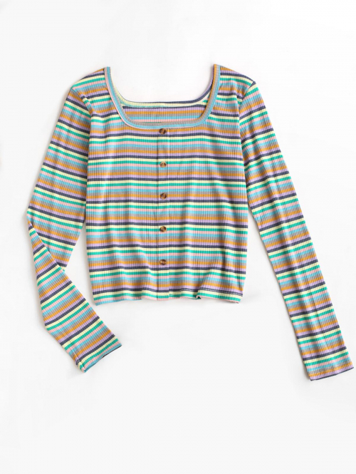 Fashion Women Tees Ribbed Colorful Striped Long Sleeve Top M