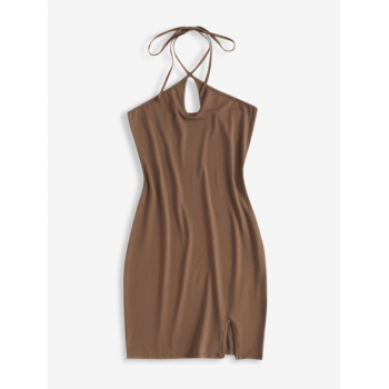 Mini Dress ZAFUL Halter Keyhole Slit Bodycon Dress L Deep coffee