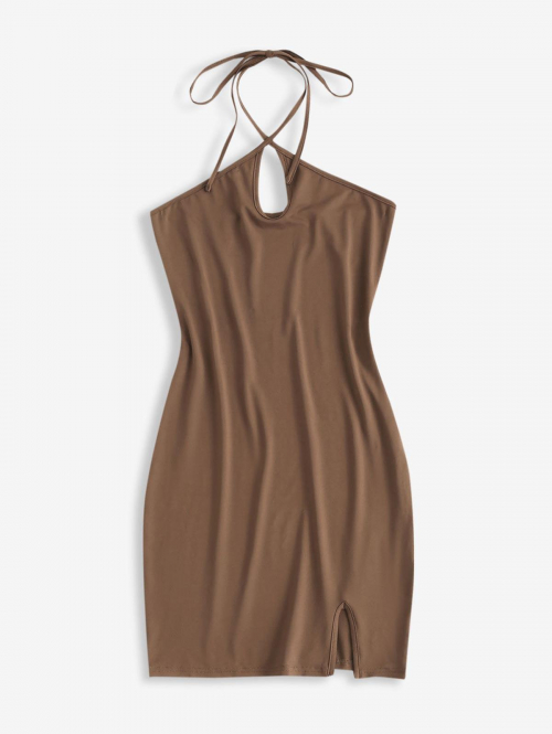 Mini Dress ZAFUL Halter Keyhole Slit Bodycon Dress L Deep coffee