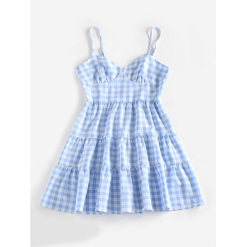 Mini Dress ZAFUL Gingham Tiered Cami Sundress L Light blue